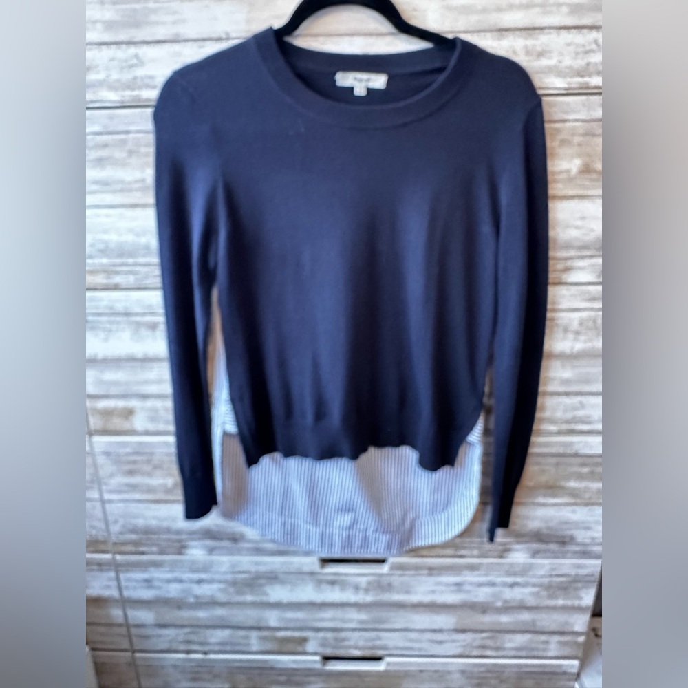 💙 Madewell XS Blue Sweater w/ Striped Shirt Back | Layered Look Top